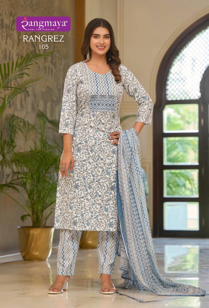 Rangrez By Rangmaya Printed Cotton Embroidery Kurti With Bottom Dupatta Wholesale Shop In Surat
